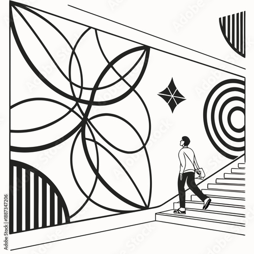 Person ascending staircase with abstract wall art