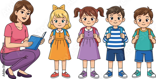 Teacher reading book to school children illustration, kids with backpacks, education learning concept, classroom vector isolated