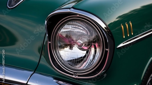 Vintage Car Headlight Closeup with Chrome Accents and Green Paintwork.