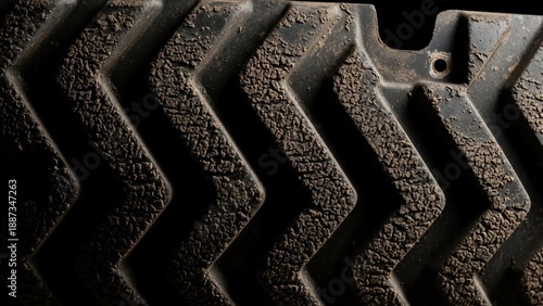 Close-up of a dirty rubber tire with chevron tread pattern.