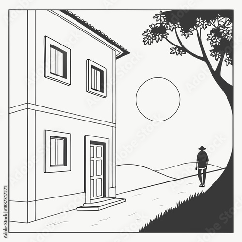 Person approaching house at dusk