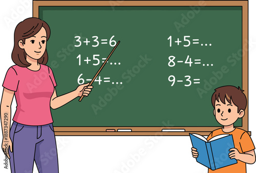 Teacher teaching math to student in classroom illustration, basic arithmetic lesson on blackboard, education learning concept, primary school cartoon artwork