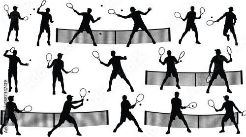 Tennis player silhouette collection, male athlete action poses, racket swing movements, sport training illustration set, isolated black figures