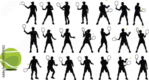 Tennis player silhouette collection, male and female athletes action poses, racket swing movements, professional sport illustration set isolated