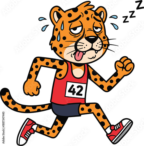 tired cheetah running cartoon, funny exhausted animal athlete, marathon runner character, sleepy fitness concept, humorous sports illustration