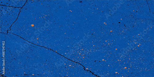 A rough blue painted wall with a textured grunge concrete surface and vintage paper pattern creates an old dirty material backdrop for an art design