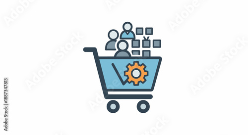E-commerce business vector icon with shopping cart, people, and gear, symbolizing optimized processes and integrated service delivery