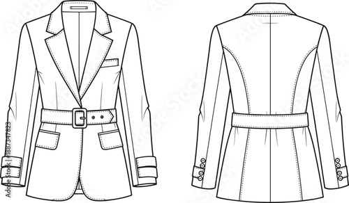 Women belted blazer jacket technical fashion drawing, front and back view outline illustration, tailoring details, apparel design vector template