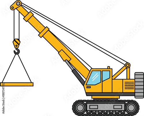 Yellow construction crane, tracked base machine, extended boom pulley, heavy lifting platform, industrial engineering equipment, hydraulic stability, operator cabin, construction site