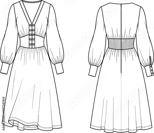 Women long sleeve dress technical drawing, front and back view, fashion flat sketch, elegant midi garment design illustration