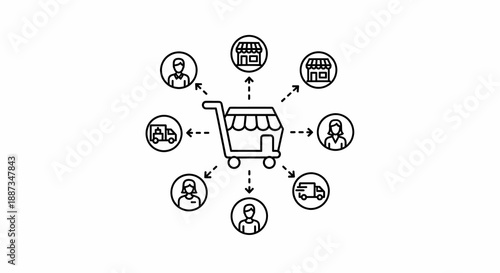 E-commerce and retail network concept with a shopping cart at the center and various business locations and delivery services radiating outward