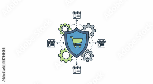 Secure and Safe E-commerce Transaction and Business Protection With Shield and Shopping Cart Technology Concept
