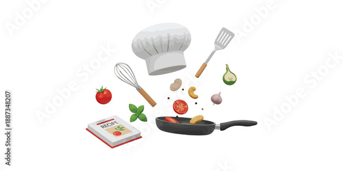 Culinary Explosion Chef Hat, Frying Pan, Ingredients  Utensils for Cooking Concept