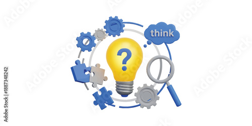 Idea Generation Light Bulb with Question Mark, Puzzle Pieces, Gears, and Magnifying Glass