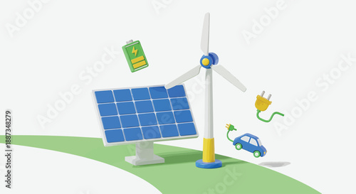 Renewable Energy Sources Solar Panel, Wind Turbine, EV Charging, Battery, Green Energy Icons