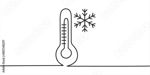 A continuous line drawing illustrating cold temperature with a thermometer and snowflake icon