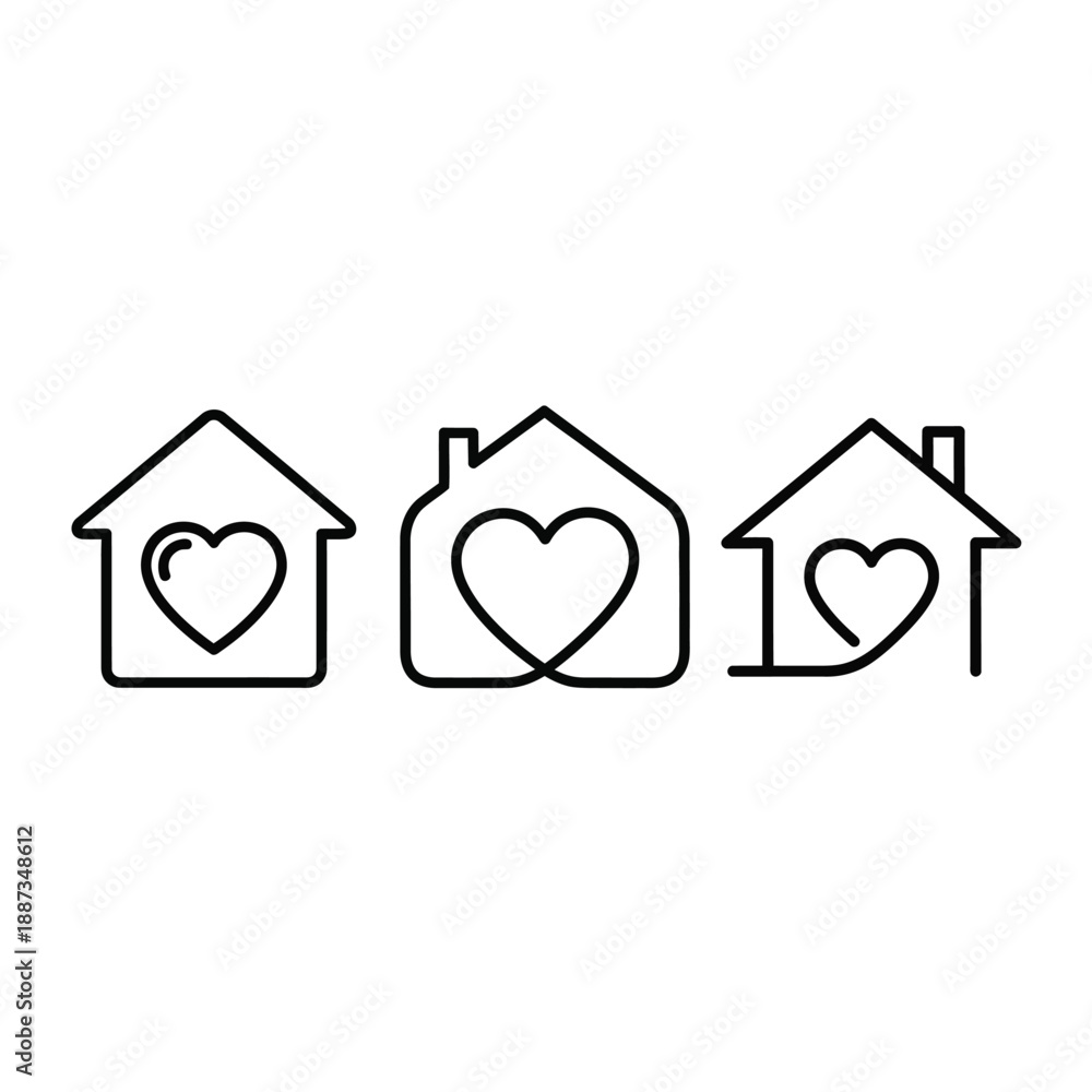 Fototapeta premium Collection of three simple line art icons depicting a house containing a heart shape inside.