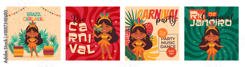 Brazil carnaval posters set with cute samba dancers, drums, mask, feathers, palm trees. Flat design for Brazilian party, parade and music dance celebration. Vector illustration