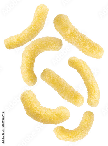 crispy puffed corn snacks scattered on a transparent background, aerial view, studio shot, high-quality, delicious, snack food photography.