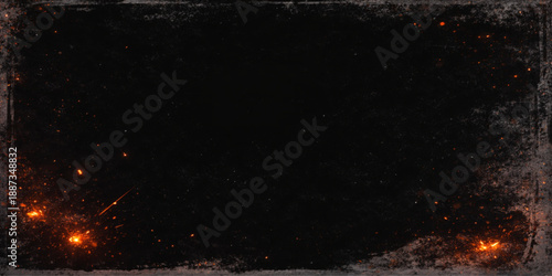 A grunge dark night background features burning paper with an alpha channel amidst a glowing galaxy of stars, cosmic dust, and bright nebula particles in the deep black space universe
