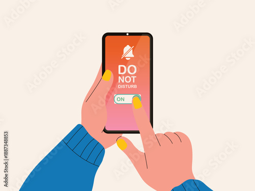 Hands holding a phone toggles a green ON switch for the DO NOT DISTURB mode. Minimalist illustration symbolizing digital well-being, boundaries, and mental health