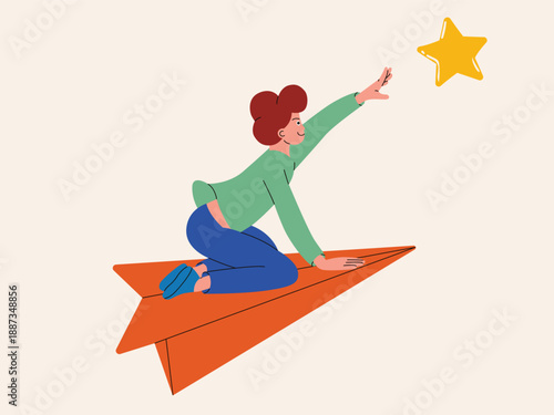 A person riding a paper rocket, reaching out toward a shining star. Minimalist illustration symbolizing aspiration, ambition, and the pursuit of dreams