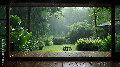Rainy Day Garden View Through Window - Serene Nature Scene.
