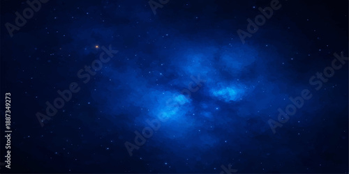 A deep blue nebula swirls through a dark cosmos filled with bright stars and distant galaxies in this abstract universe background