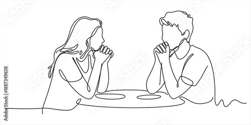 Continuous line drawing of a man and a woman in thoughtful discussion at a table