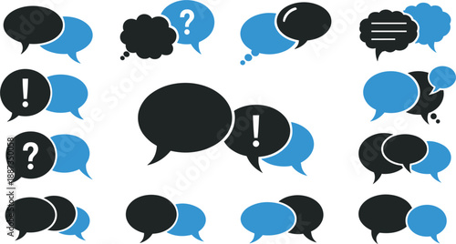 Black and blue speech bubbles on white background conversation chat symbols dialogue bubbles