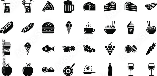 Black and white food and drink on white background symbols