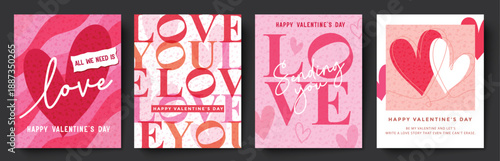 Vibrant Valentine's Day Card Set Featuring Bold Typography and Stylized Artistic Heart Graphics