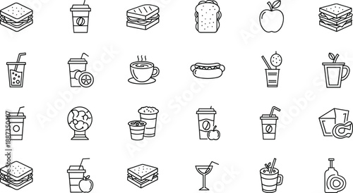 Black and white line food and drink sandwiches