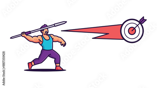 Javelin Thrower Hitting Bullseye - Cartoon Vector Illustration