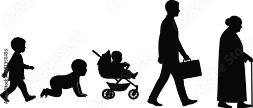 Collection of Human Life Stage Silhouettes Featuring a Walking Toddler, Crawling Baby, Infant in Stroller, Businessman, and Elderly Woman with Cane