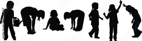 Silhouettes of seven playful children in dynamic outdoor poses at sunset, capturing movement, imagination, teamwork, and joyful childhood moments