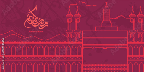 Ramadan Kareem greeting card with big mosque outline doodle and arabic calligraphy means Holy Ramadan vector illustration