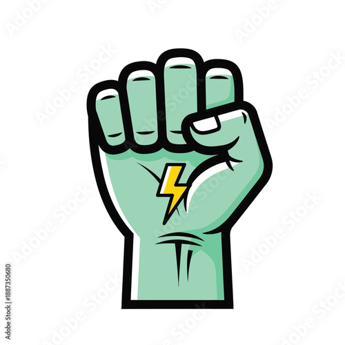 Stylized green zombie fist raised high symbolizing strength power and energetic revolution