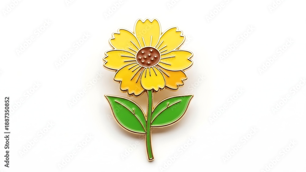 Obraz premium A vibrant yellow sunflower enamel pin with green leaves stands upright on a bright white surface.