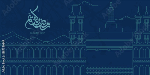 Ramadan Kareem greeting card with big mosque outline doodle and arabic calligraphy means Holy Ramadan vector illustration