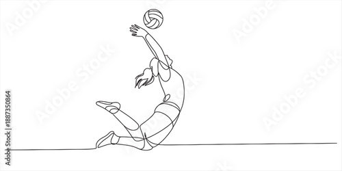 Continuous line drawing of a female volleyball player jumping to hit the ball with powerful motion