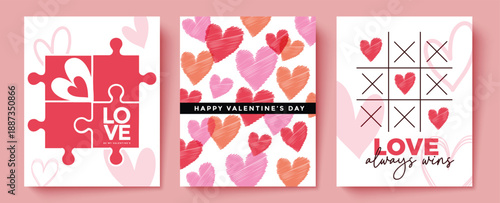 Playful Valentine's Day Card Set with Puzzle Hearts, Tic-Tac-Toe Theme and Hand-Drawn Line Art