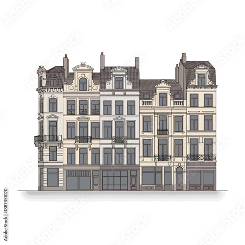 Ornate European Style Building Facade Illustration.