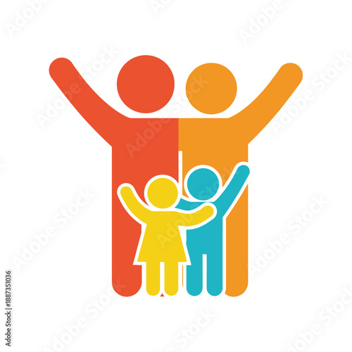 Stylized illustration of a happy and unified family unit with raised arms celebrating life