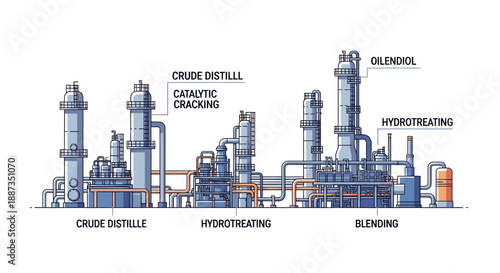 Oil Refinery Process Diagram Illustration.