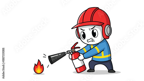 Cartoon Firefighter Extinguishing Fire with Extinguisher