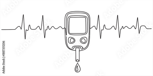 Diabetes management and heart health: a continuous line drawing of a glucometer and ecg