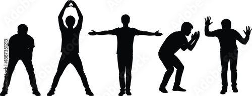 Collection of Male Silhouettes Showing Various Active Poses, Stretching Exercises, and Expressive Body Language Gestures Isolated on a White Background for Design