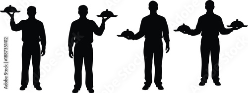 Set of Male Waiter Silhouettes Holding Serving Trays and Cloches in Different Poses for Restaurant Hospitality and Fine Dining Service