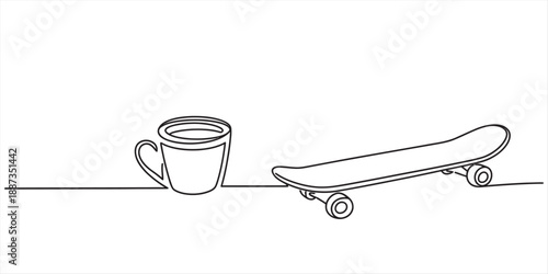 Continuous single line drawing of a coffee cup and a skateboard symbolizing urban life